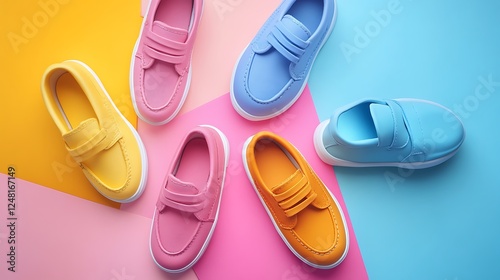 Obraz na płótnie High angle view of school children shoes arranged outside the classroom isolated on a colorful background w salonie
