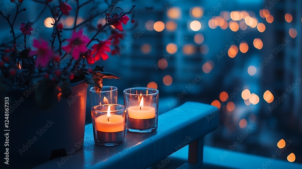 Holiday lights and an adventuring flower with the initially lit candles outside on a balcony at twilight in blues lights