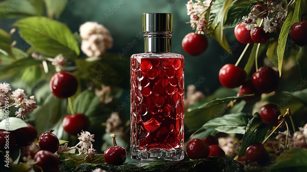 Home cologne with cherry juice within a background adorned steel bottle