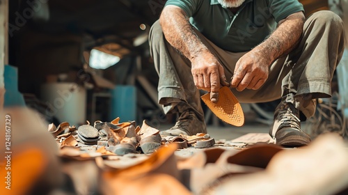 A craftsman working diligently with leather pieces, showcasing skill and craftsmanship in a laid-back workshop environment. photo