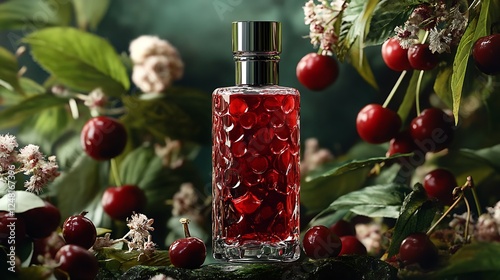 Obraz na płótnie Home cologne with cherry juice within a background adorned steel bottle w salonie