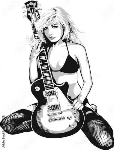  Sexy Rock Girl with Electric Guitar Black and White Art Vector Illustration 