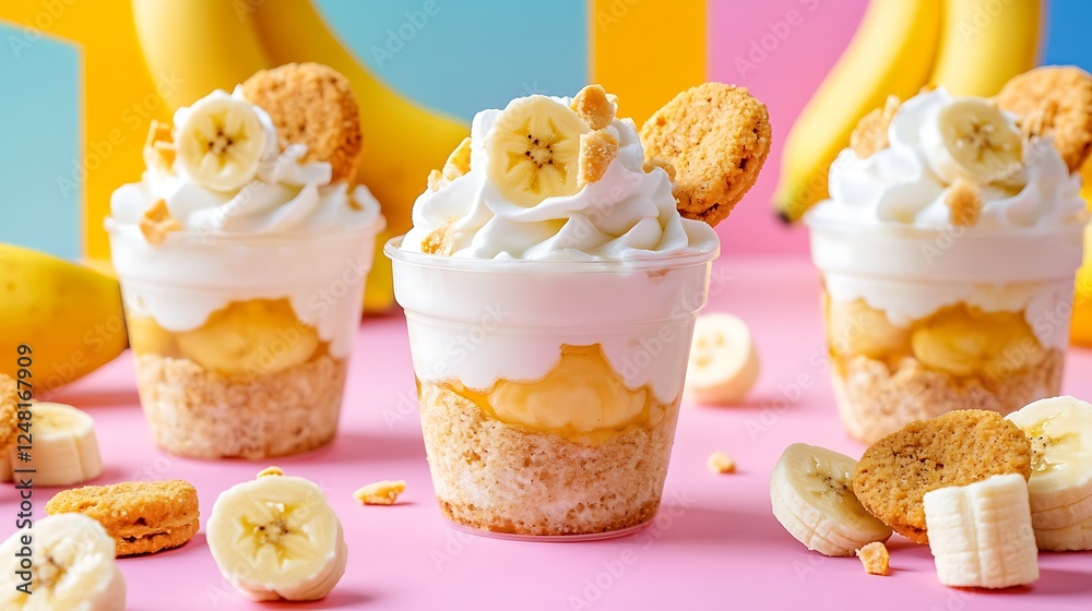 Homemade banana pudding cups with whipped cream and vanilla wafers isolated on a colorful background