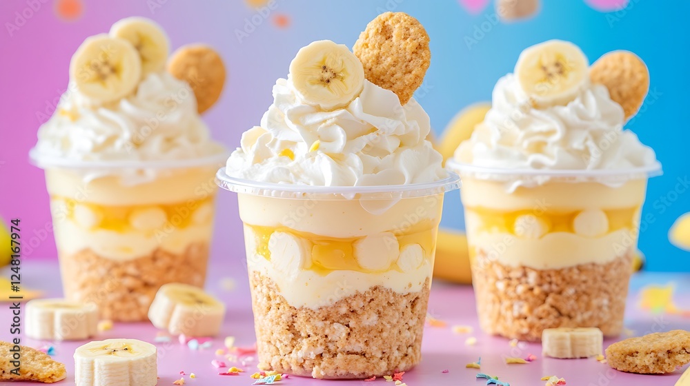 Homemade banana pudding cups with whipped cream and vanilla wafers isolated on a colorful background