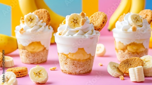 Obraz na płótnie Homemade banana pudding cups with whipped cream and vanilla wafers isolated on a colorful background w salonie