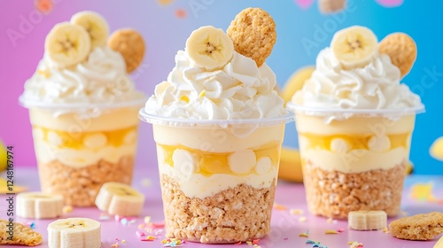 Obraz na płótnie Homemade banana pudding cups with whipped cream and vanilla wafers isolated on a colorful background w salonie