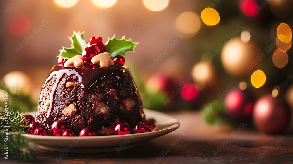 Homemade christmas figgy pudding for the holidays isolated on a colorful background