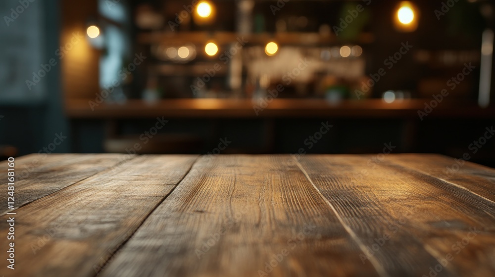 Rustic wooden table in cozy café with blurred background lights Rustic wooden table in cozy café with blurred background lights