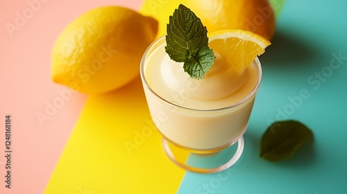 Obraz na płótnie Homemade dessert panna cotta mousse or pudding in a portion glass with lemon curd and fresh lemon isolated on a colorful background w salonie