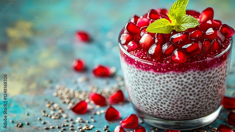 Homemade fresh chia seed pudding with pomegranate seeds isolated on a colorful background