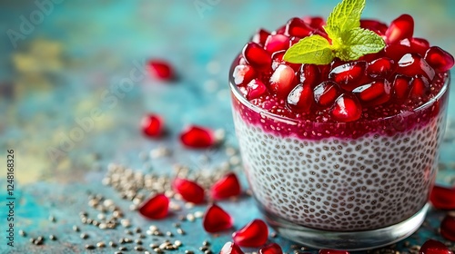 Obraz na płótnie Homemade fresh chia seed pudding with pomegranate seeds isolated on a colorful background w salonie