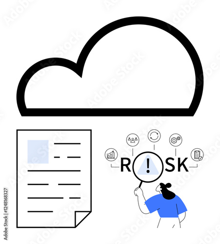Large cloud icon above a document, woman analyzing RISK with magnifying glass and connected icons. Ideal for data security, cloud storage, compliance, risk analysis, technology management, digital