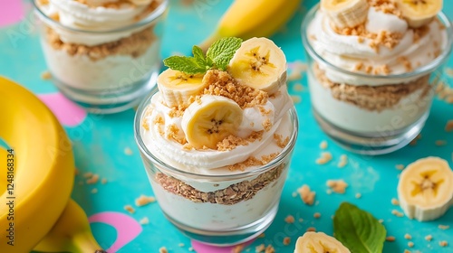 Obraz na płótnie Homemade no bake banana pudding in individual classic dessert made with bananas isolated on a colorful background w salonie