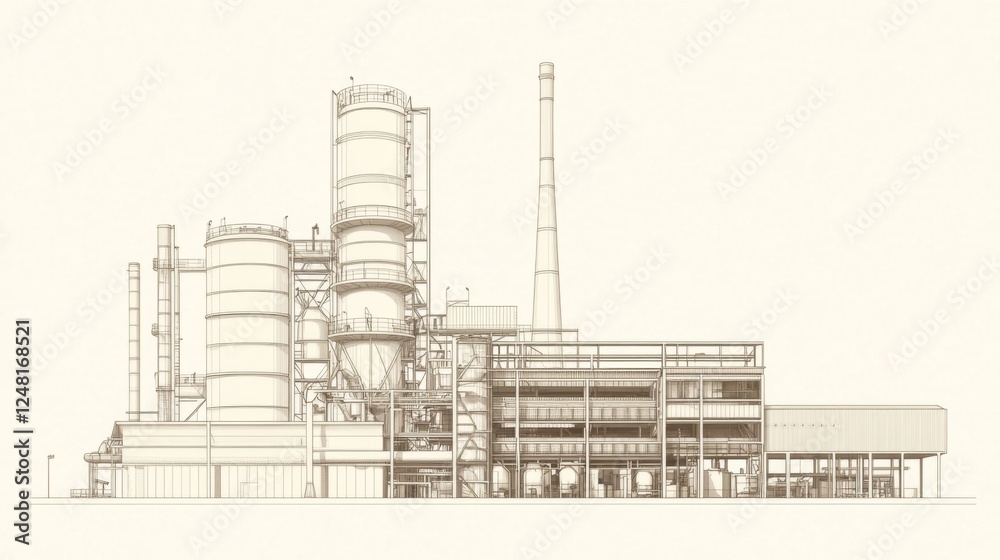 Obraz premium Industrial plant, complex infrastructure, manufacturing, process, sepia tone, background white, industrial illustration