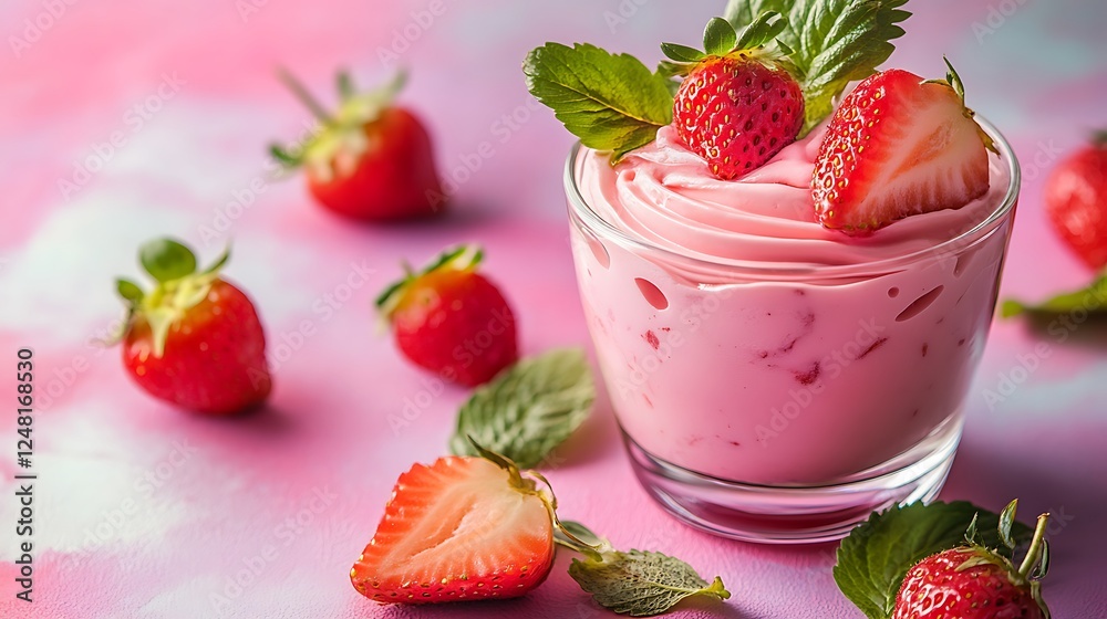 Homemade strawberry mousse dessert isolated on a colorful background