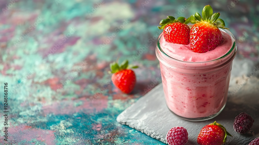 Homemade strawberry mousse in a vintage glass jar on a light slate isolated on a colorful background
