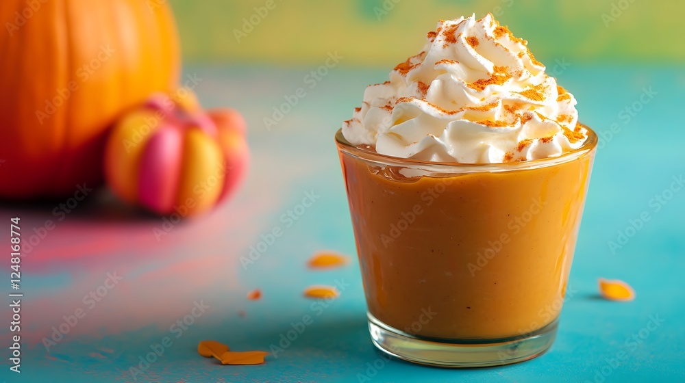 Homemade sweet pumpkin pudding with whipped cream isolated on a colorful background