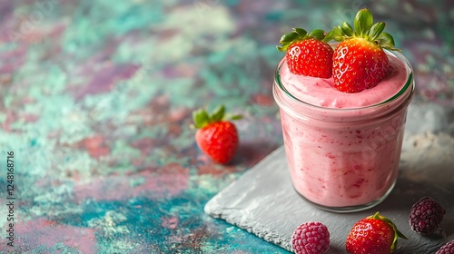 Obraz na płótnie Homemade strawberry mousse in a vintage glass jar on a light slate isolated on a colorful background w salonie