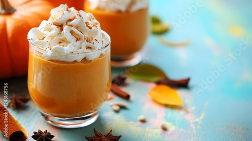 Obraz na płótnie Homemade sweet pumpkin pudding with whipped cream isolated on a colorful background w salonie