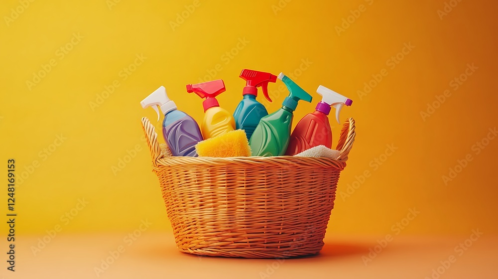 Household cleaning products and tools in a basket isolated on a colorful background