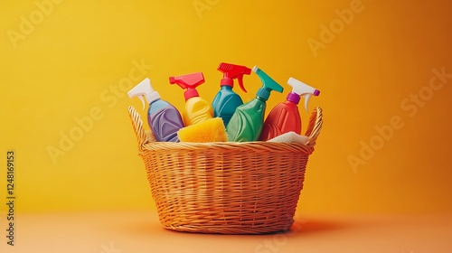 Obraz na płótnie Household cleaning products and tools in a basket isolated on a colorful background w salonie