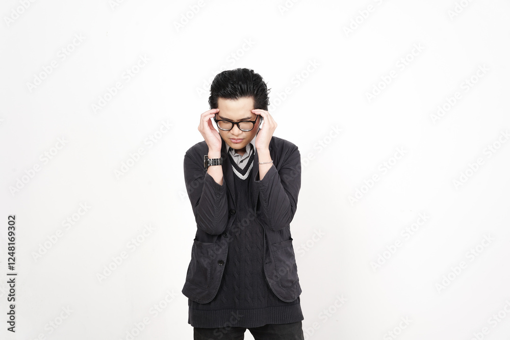 Hand on Head with pain on head, suffering headache Of Handsome Asian Man Isolated On White Background Hand on Head with pain on head, suffering headache Of Handsome Asian Man Isolated On White Background