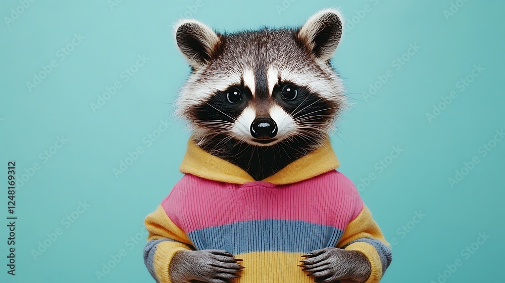 Huggable raccoon in a soft striped pullover isolated on a colorful background