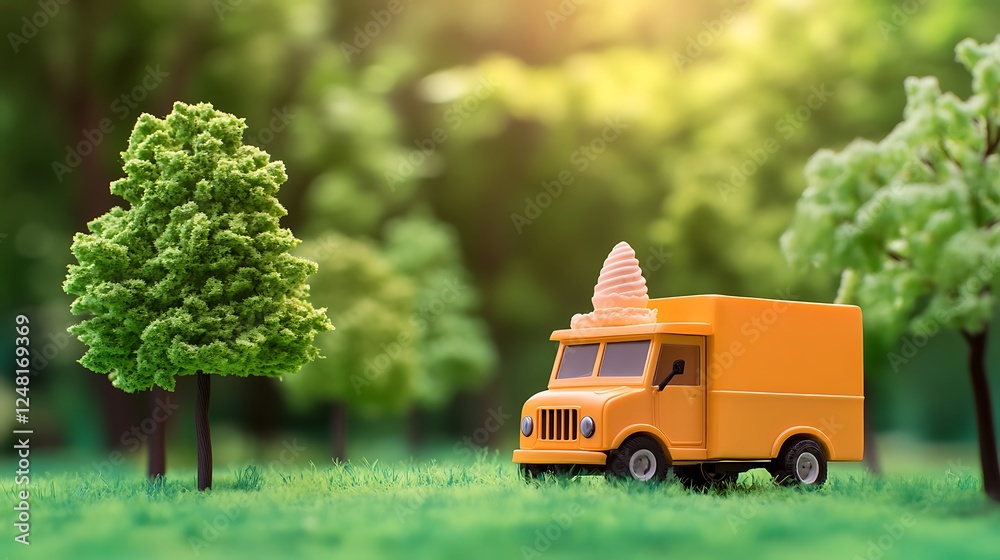 Ice cream orange truck green city park tree background warm sunny summer or spring day isolated on a colorful background