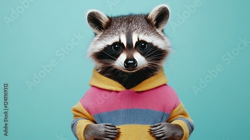 Huggable raccoon in a soft striped pullover isolated on a colorful background