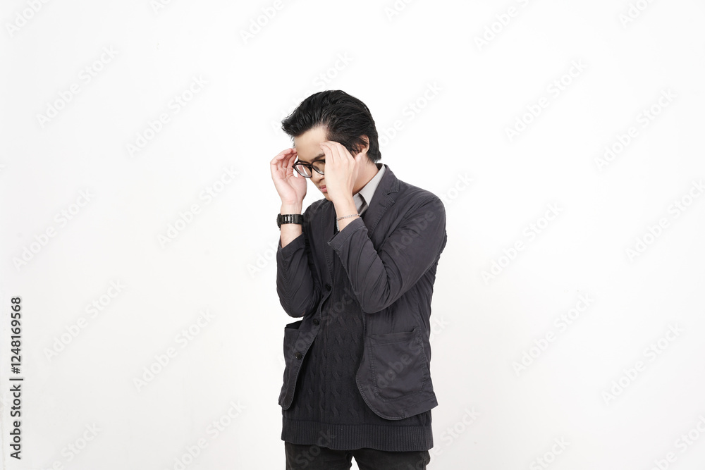 Hand on Head with pain on head, suffering headache Of Handsome Asian Man Isolated On White Background Hand on Head with pain on head, suffering headache Of Handsome Asian Man Isolated On White Background