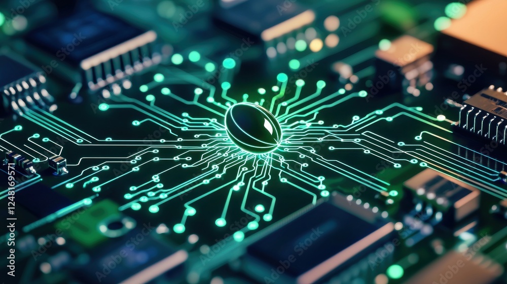 startup seed technology concept. Close-up of a circuit board with intricate green patterns and a central chip. startup seed technology concept. Close-up of a circuit board with intricate green patterns and a central chip.