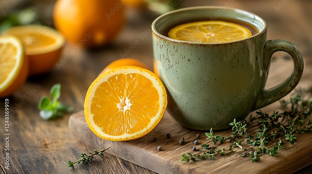 It is citrus with thyme in a mug drinking coffee