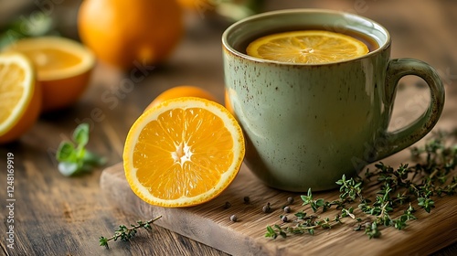 Obraz na płótnie It is citrus with thyme in a mug drinking coffee w salonie