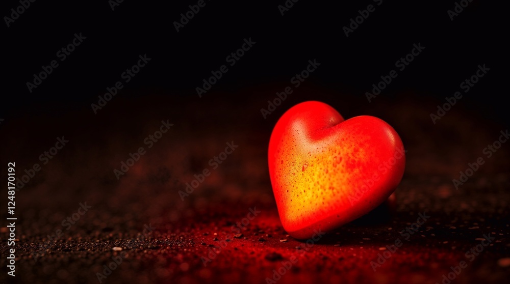 Fototapeta premium A red glowing heart on the ground, dark background.