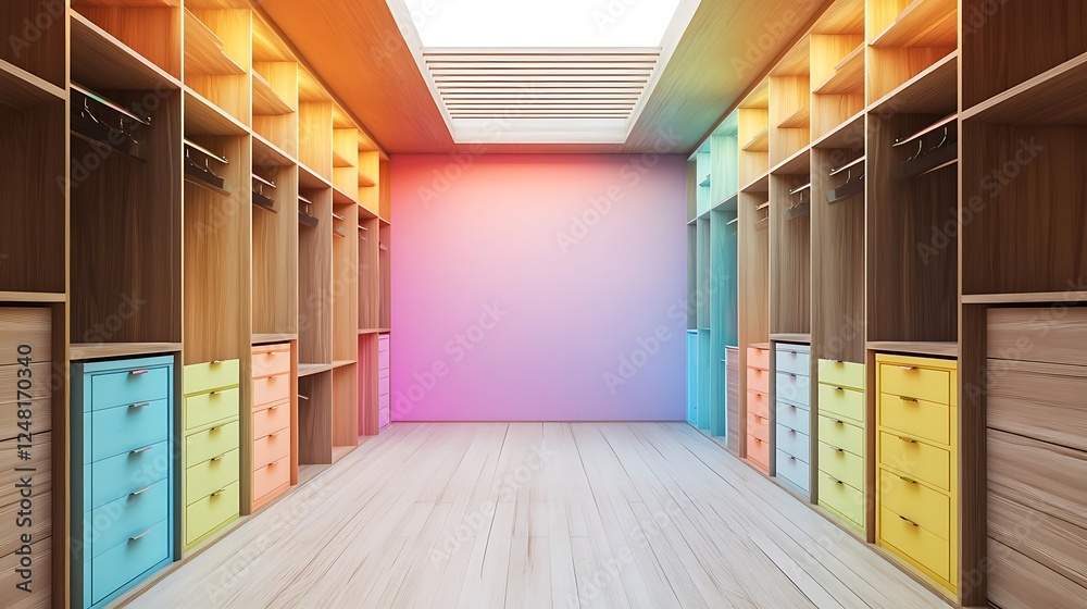 Large empty dressing room with neat dressers isolated on a colorful background