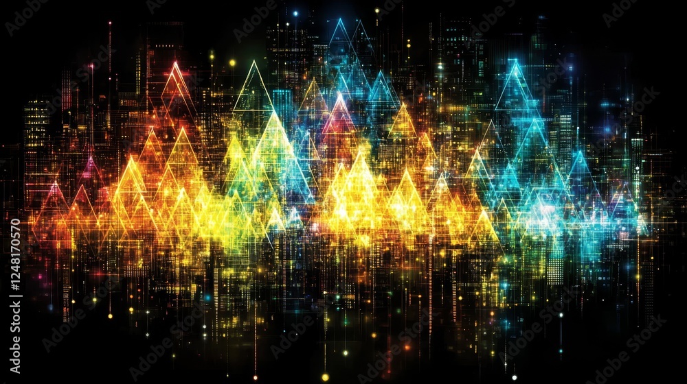 Naklejka premium Abstract Cityscape Night Lights Vibrant Rainbow Colors Energetic Urban Fantasy Illustration