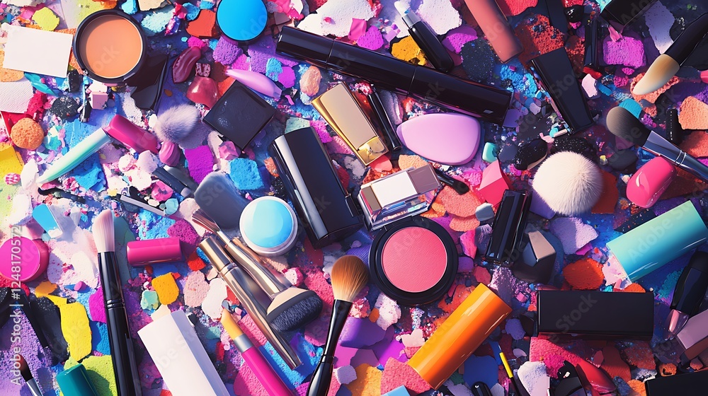 Large pile of various cosmetics lie on top of a dressing table isolated on a colorful background