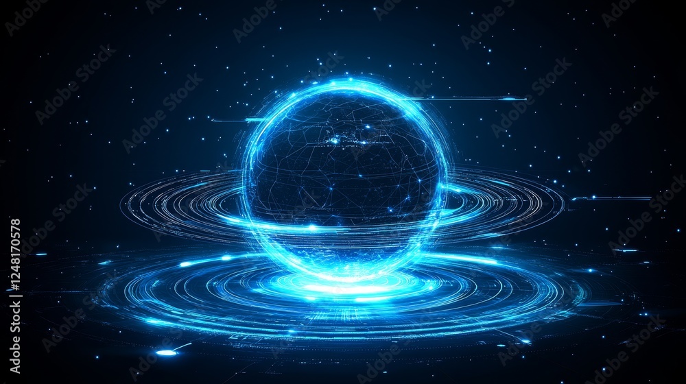 Obraz premium Abstract Futuristic Energy Sphere Glowing Blue Digital Particles Technology Background