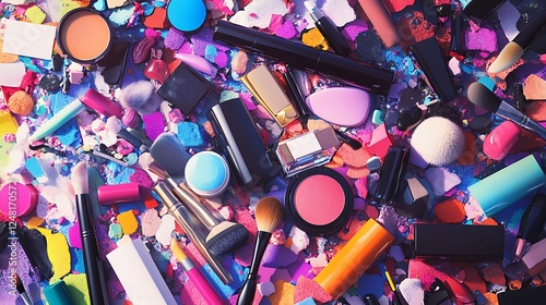 Obraz na płótnie Large pile of various cosmetics lie on top of a dressing table isolated on a colorful background w salonie