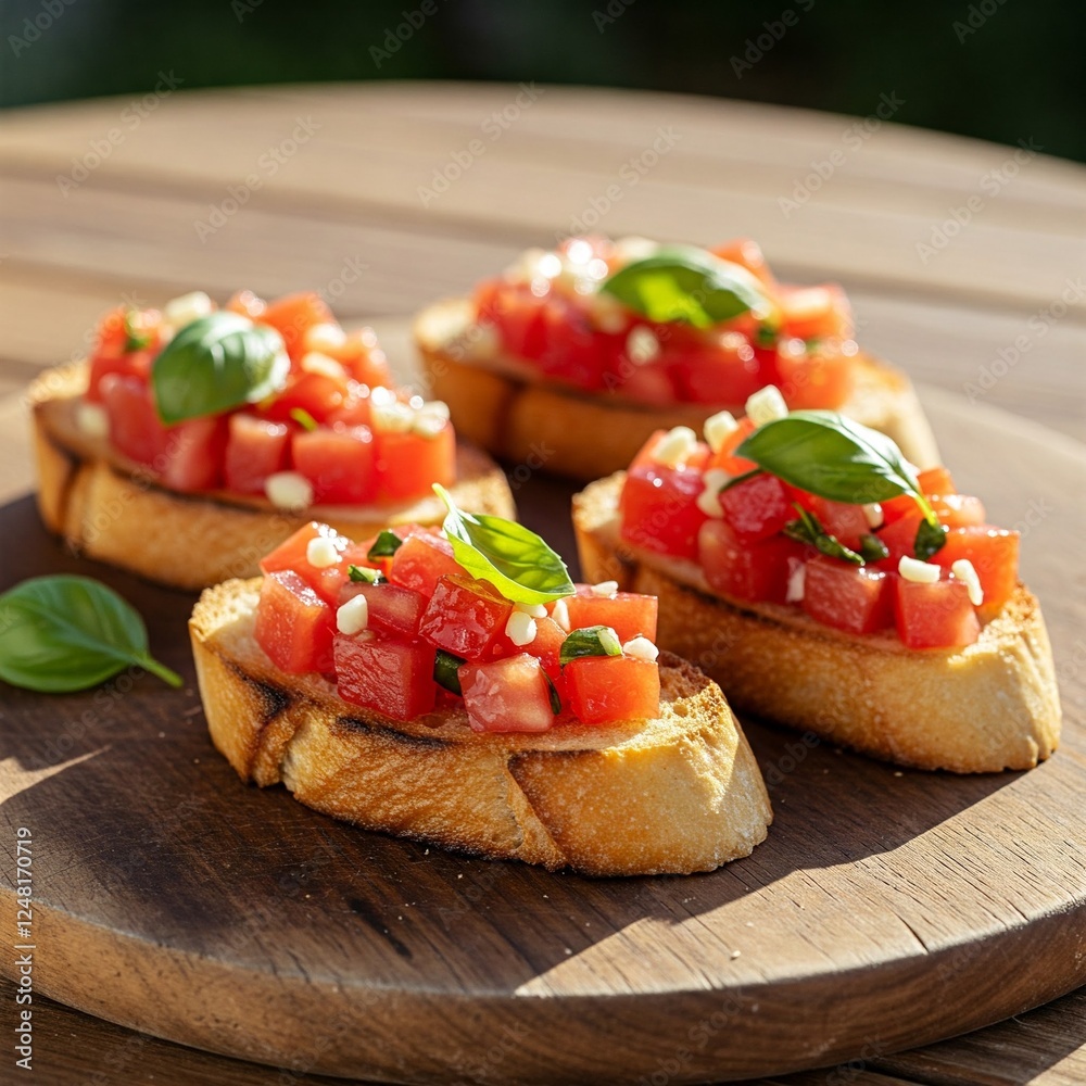 Crispy toasted bread topped with diced tomatoes, garlic, and fresh basil, creating a classic Italian bruschetta appetizer served on a wooden board.
Crispy toasted bread topped with diced tomatoes, garlic, and fresh basil, creating a classic Italian bruschetta appetizer served on a wooden board.