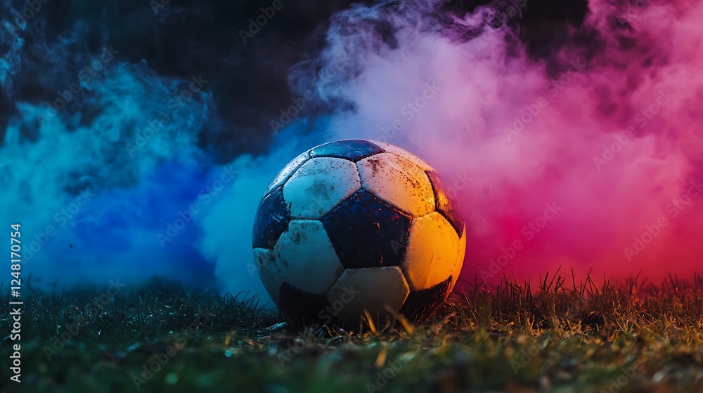 Lawn bearing a football ball and colored fog