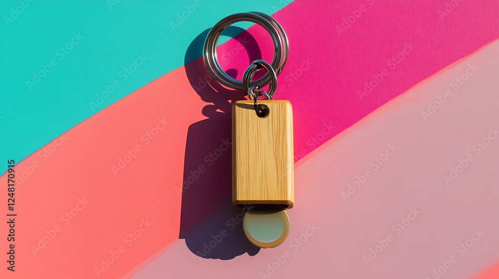 Layered wooden keyholder holding a roller derby skate wheel isolated on a colorful background