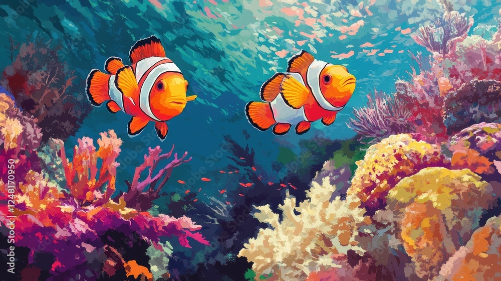 Naklejka premium Bright Clownfish Swimming in Colorful Coral Reef Underwater Scene