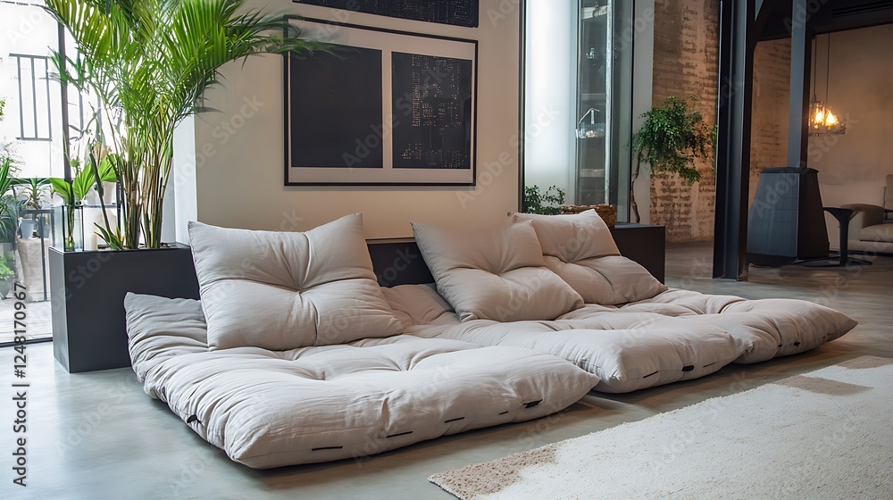 Leisure area featuring large cushions for the floor and a luxurious chaise couch