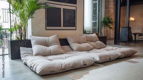 Obraz na płótnie Leisure area featuring large cushions for the floor and a luxurious chaise couch w salonie