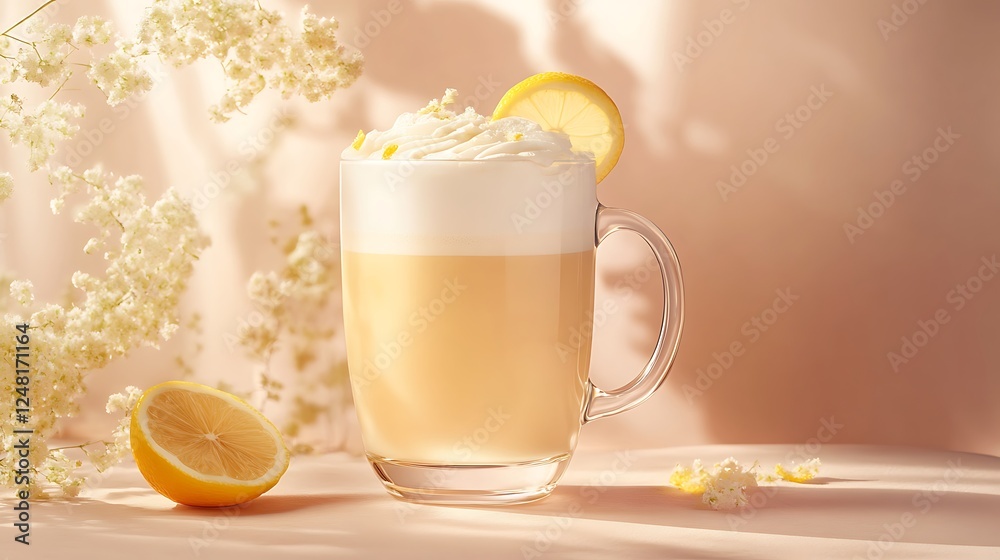 Lemon flavored drink with a pinkish backdrop lemon flavored coffee on an ivory backdrop