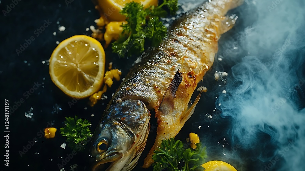 Lemon grilled trout fish advertisement menu text space for the dish