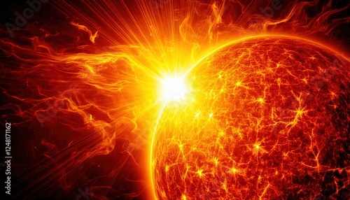 An Astronomical Display: Witness the Intense Energy of Solar Flares Erupting from the Fiery Surface of the Sun, Creating a Dazzling Light Show Against a Cosmic Background of Cosmic Vibrance.