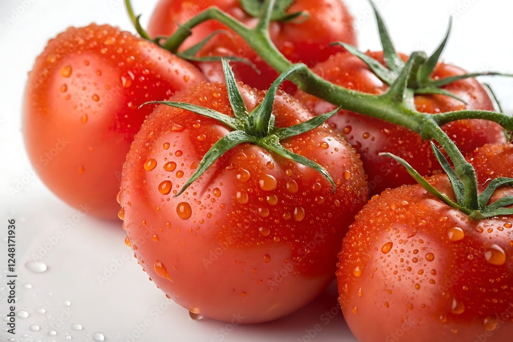 Fresh ripe red tomatoes with droplets of water on the surface seen from a close up perspective raw Fresh ripe red tomatoes with droplets of water on the surface seen from a close up perspective raw