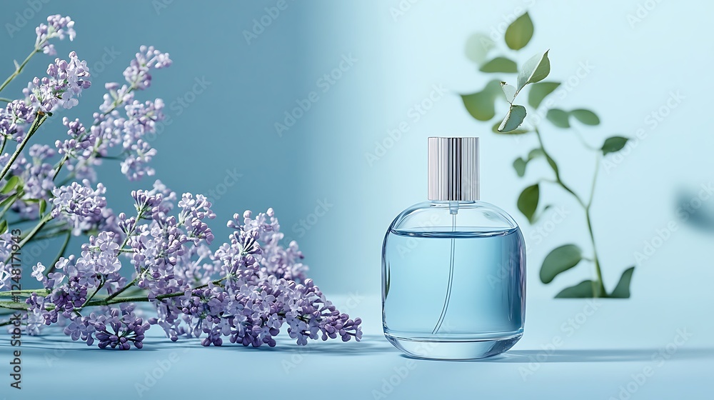 Lonely lilac fragrance on a pale blue backdrop